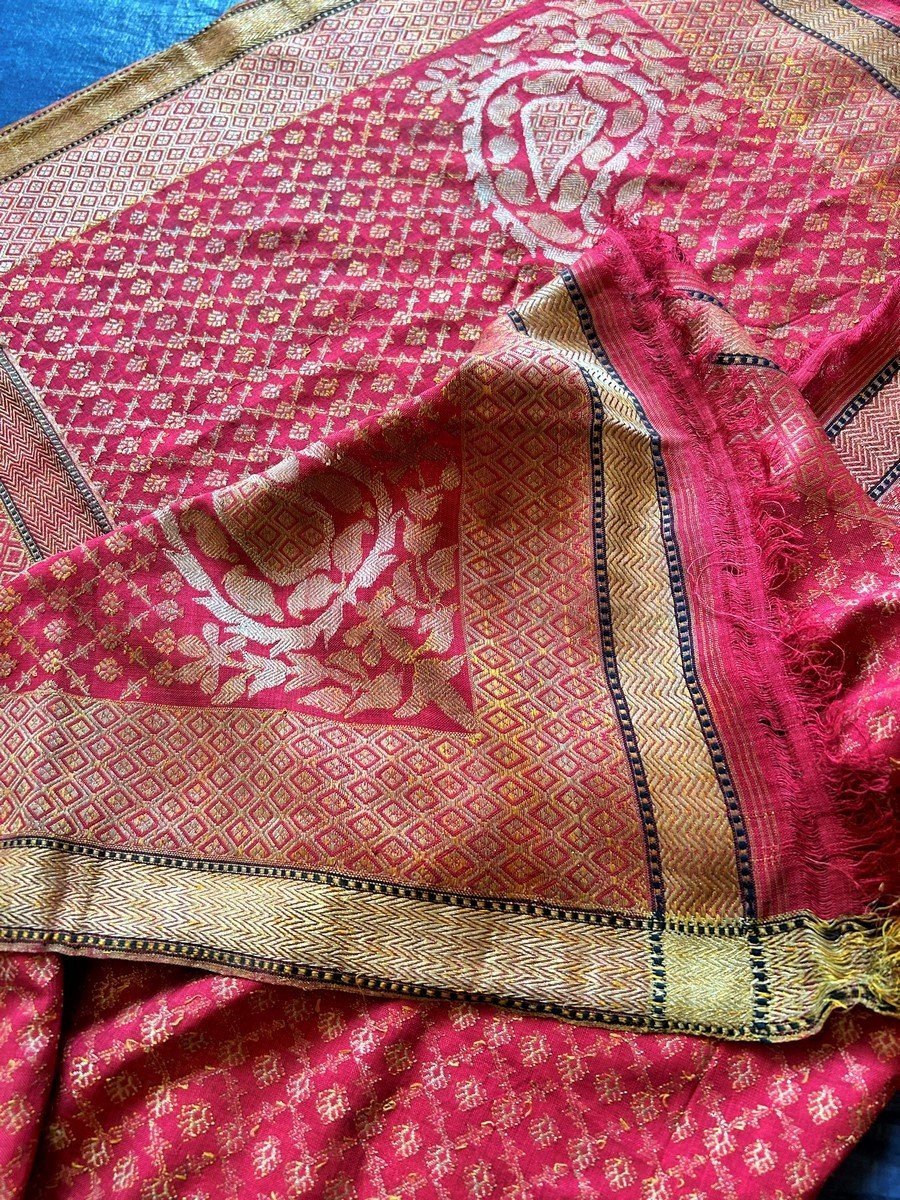 Gold And Silver Brocaded Silk Fichu Shawl - Benares Varanasi India 19th Century-photo-2