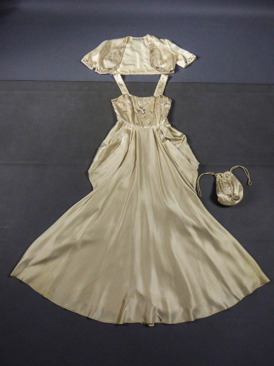 Robe De Cérémonie Et Bourse De  Pierre Balmain En Satin Brodé Circa 1955-photo-2