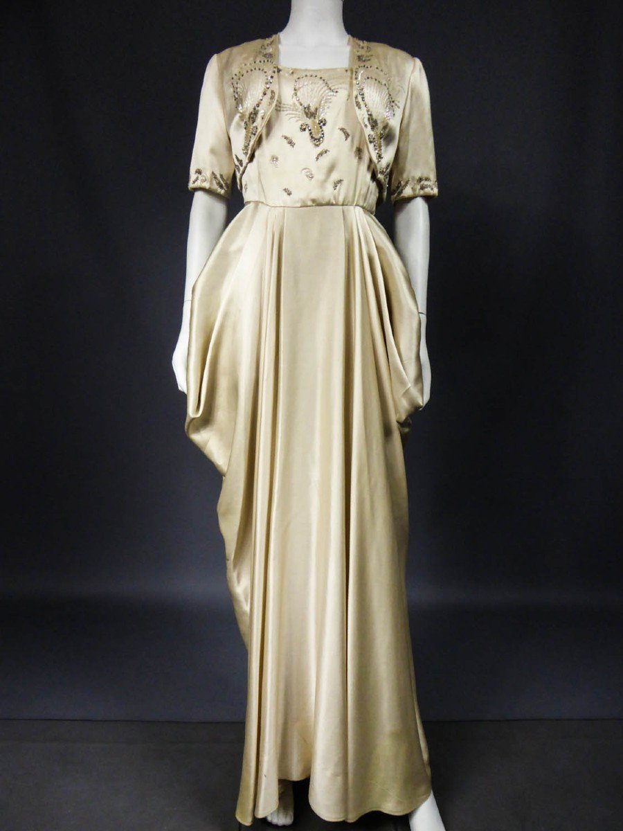 Robe De Cérémonie Et Bourse De  Pierre Balmain En Satin Brodé Circa 1955-photo-4