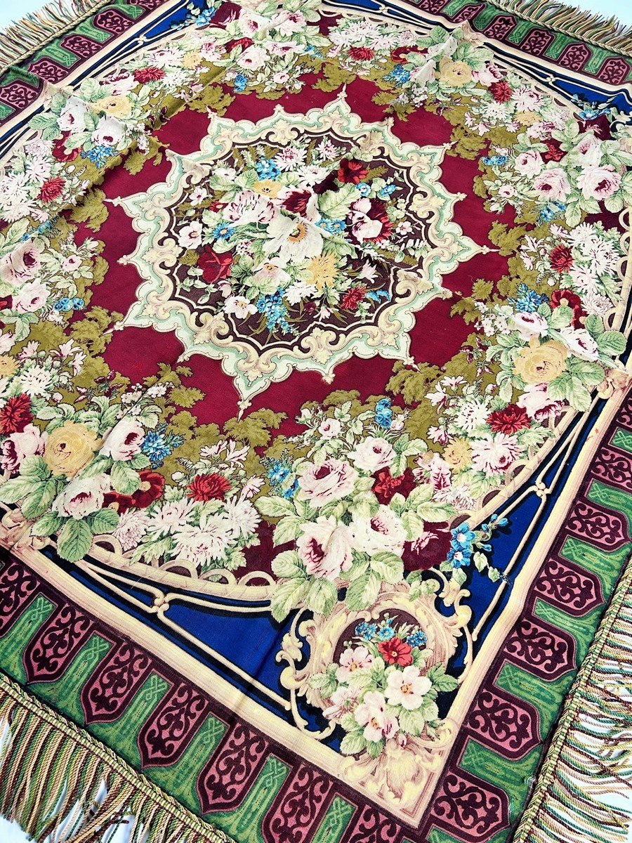 Tapis De Table En Reps Imprimé Au Décor Floral Impérial - France Second Empire Circa 1860-photo-2