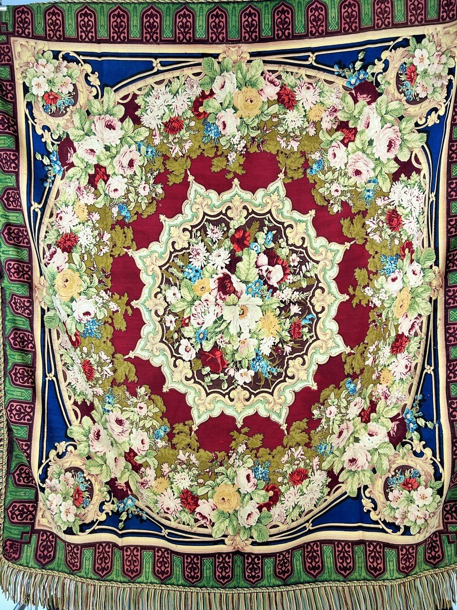 Tapis De Table En Reps Imprimé Au Décor Floral Impérial - France Second Empire Circa 1860-photo-6