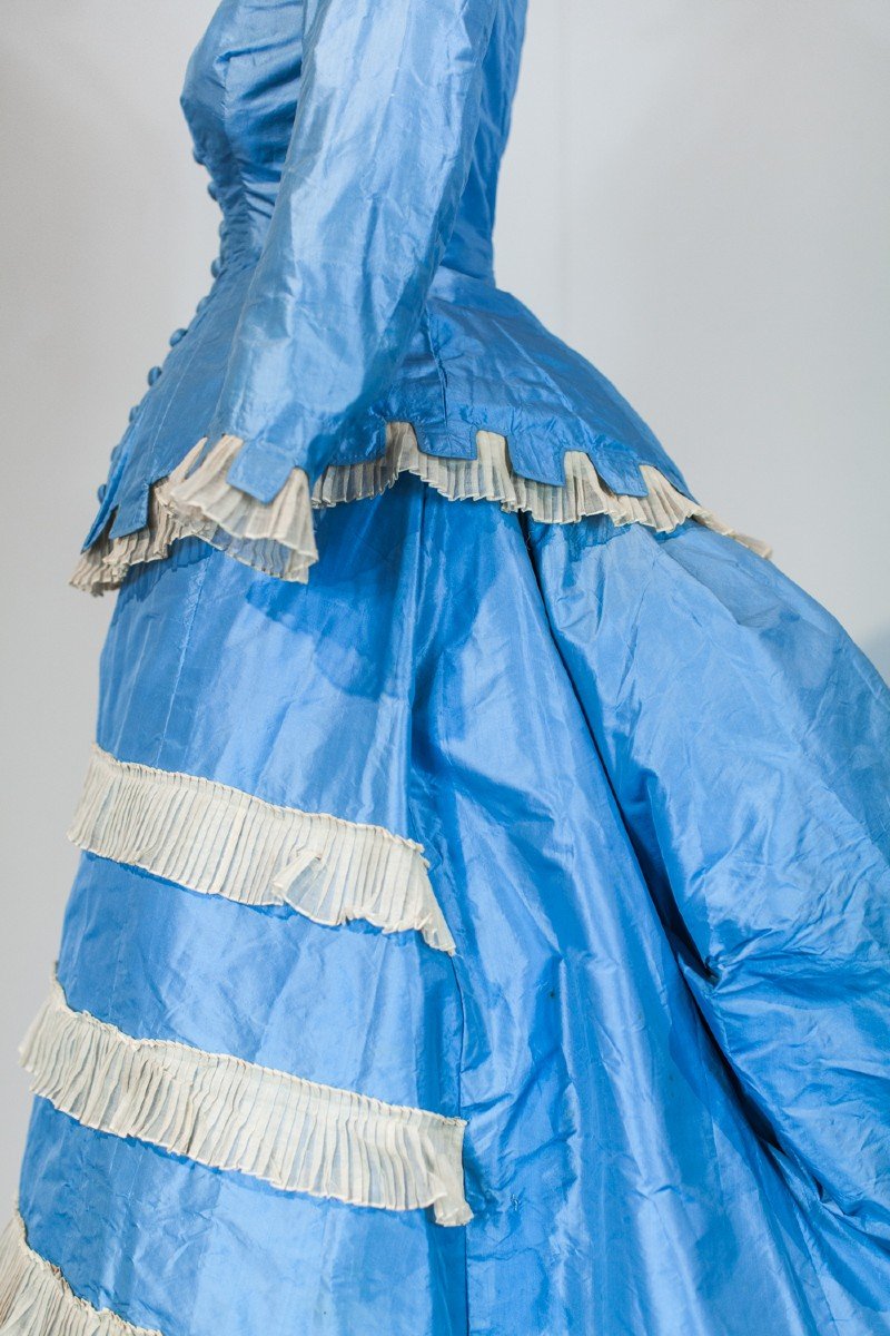 Greek Day Dress With Bustle And Pouf In Sky Blue Taffeta And Tarlatan France C. 1875-photo-2