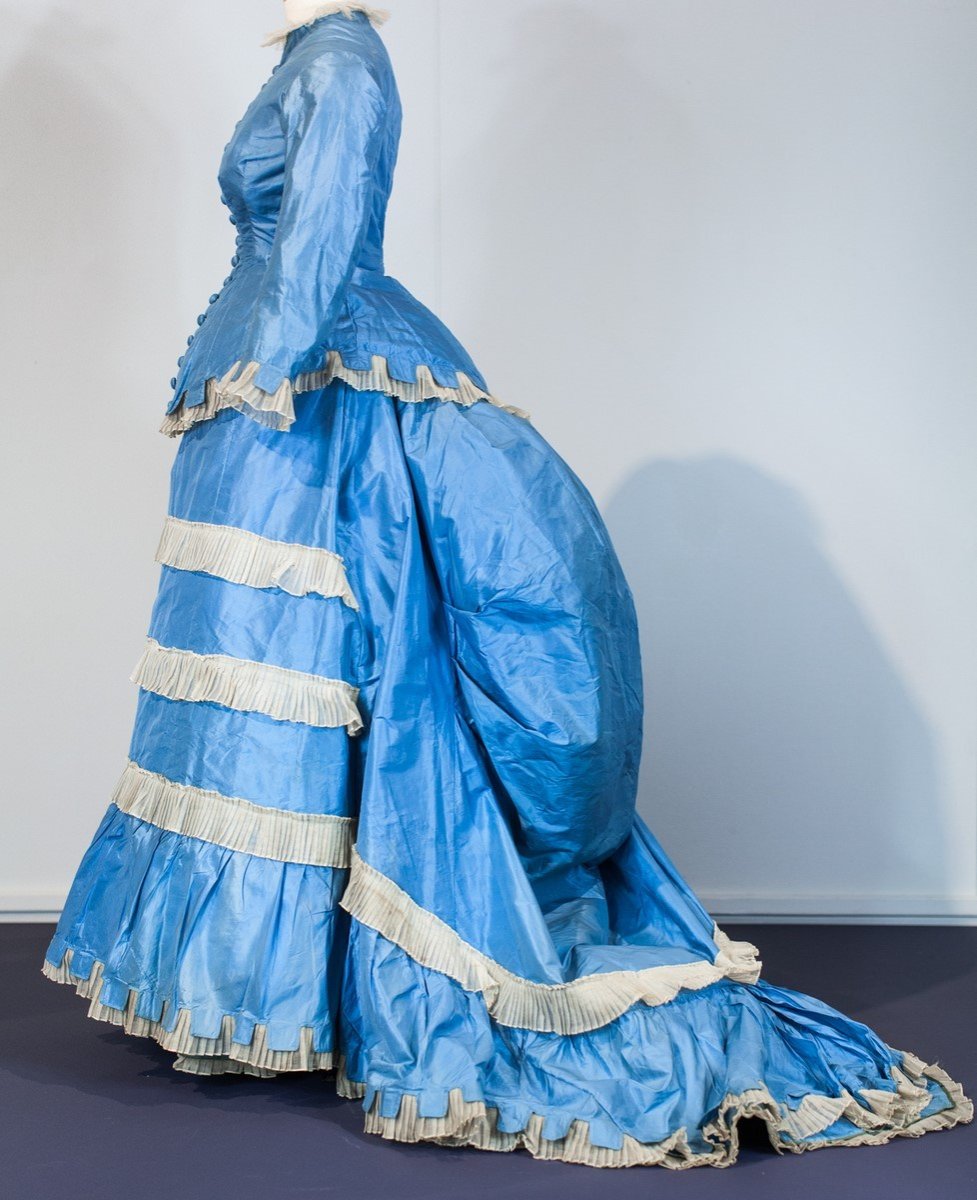 Greek Day Dress With Bustle And Pouf In Sky Blue Taffeta And Tarlatan France C. 1875-photo-3