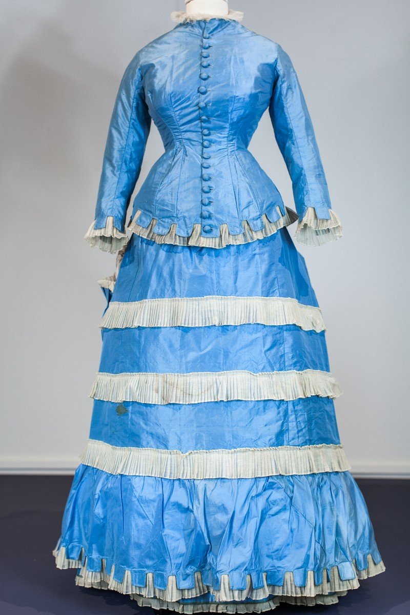 Greek Day Dress With Bustle And Pouf In Sky Blue Taffeta And Tarlatan France C. 1875-photo-4