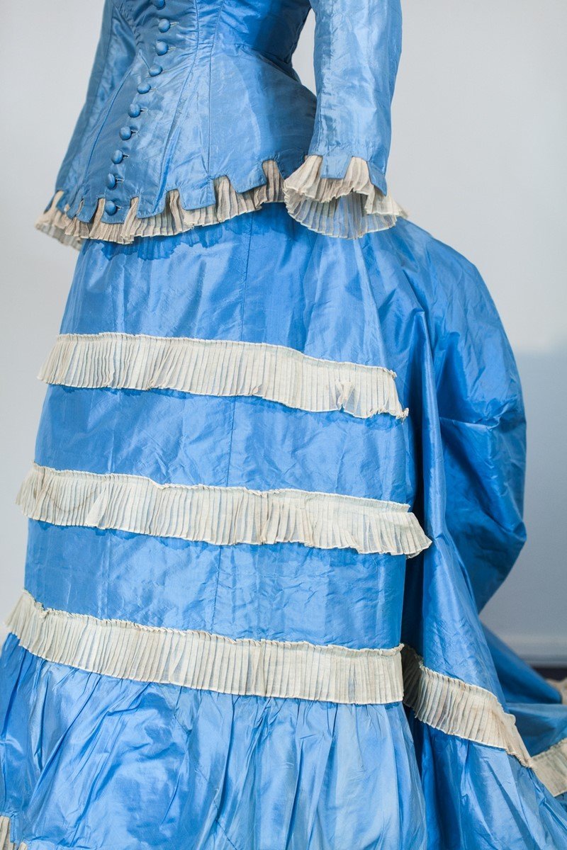 Greek Day Dress With Bustle And Pouf In Sky Blue Taffeta And Tarlatan France C. 1875-photo-1