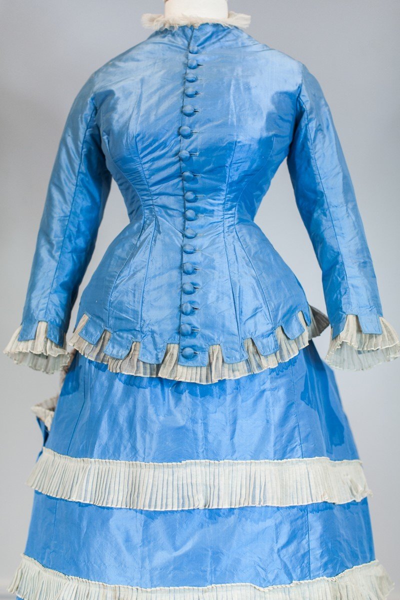 Greek Day Dress With Bustle And Pouf In Sky Blue Taffeta And Tarlatan France C. 1875-photo-4