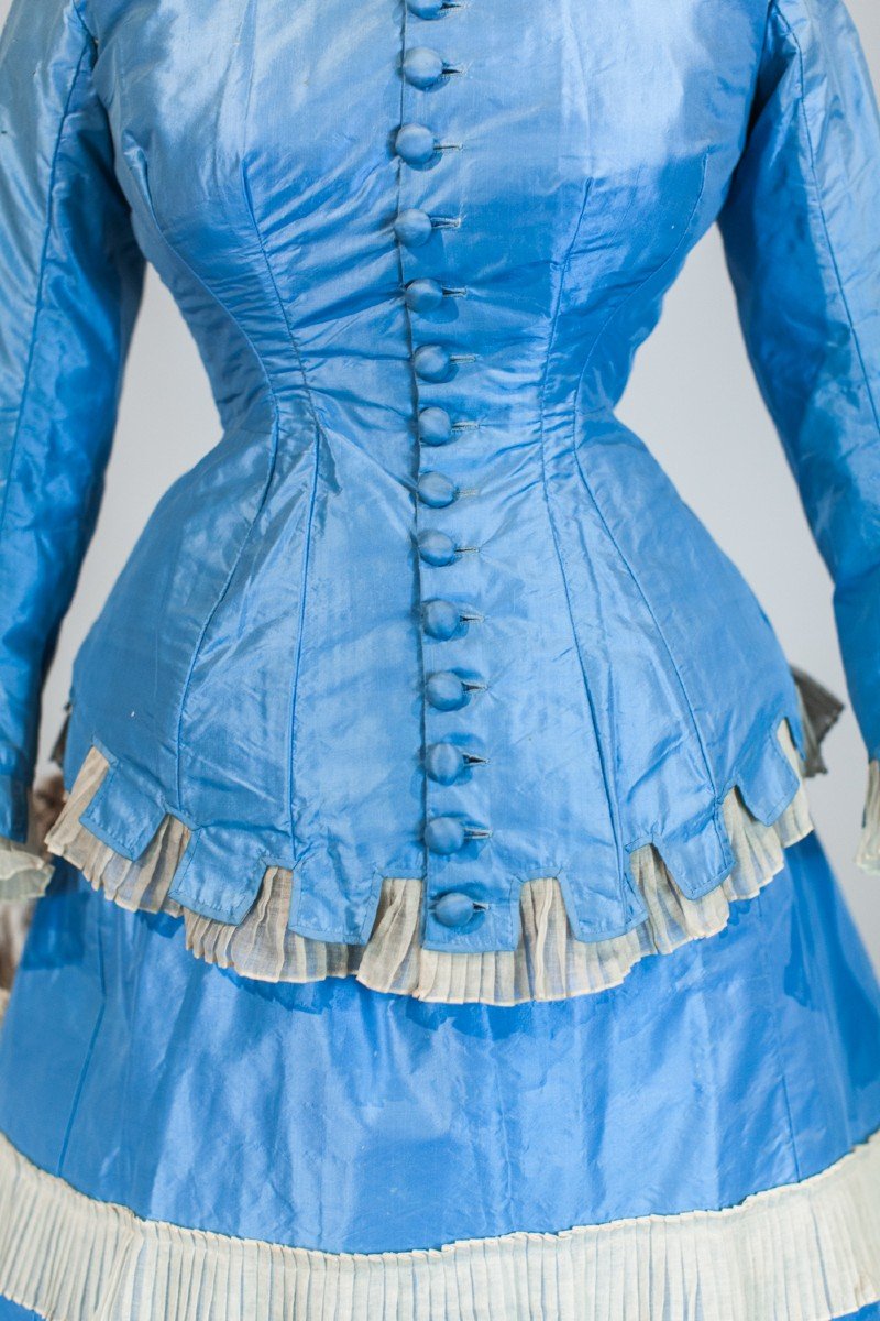 Greek Day Dress With Bustle And Pouf In Sky Blue Taffeta And Tarlatan France C. 1875-photo-5