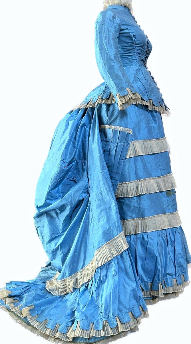 Greek Day Dress With Bustle And Pouf In Sky Blue Taffeta And Tarlatan France C. 1875