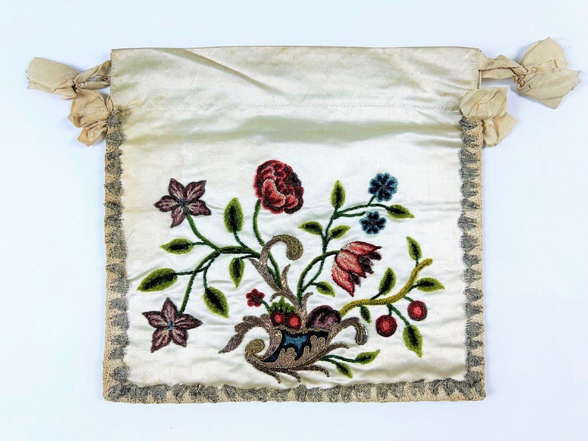 A Silk Satin Purse Embroidered With Chenillettes And Gold Cannetilles Circa 1760