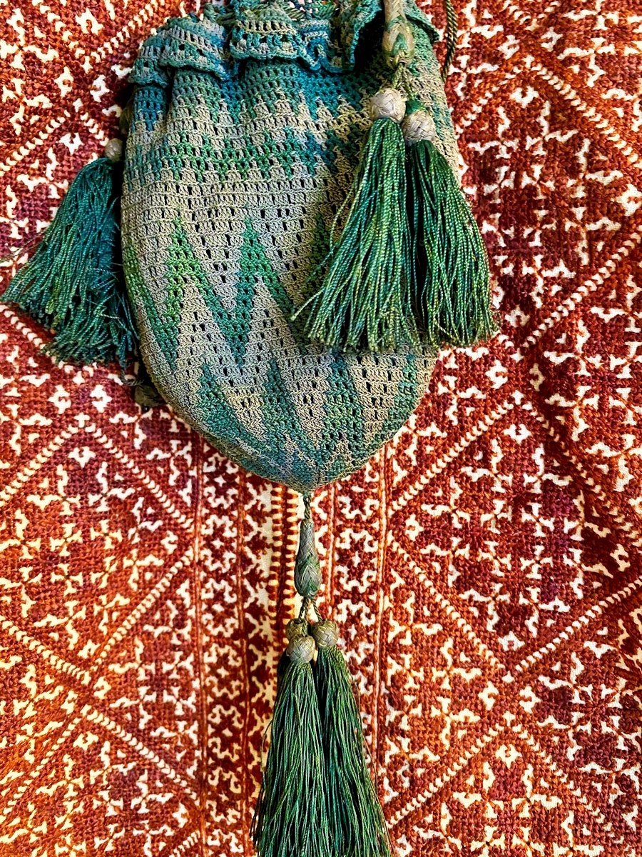 Green And Silver Silk Thread Mesh Reticule In Zig-zag Pattern - France Circa 1810-1830-photo-4