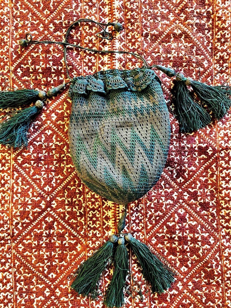 Green And Silver Silk Thread Mesh Reticule In Zig-zag Pattern - France Circa 1810-1830-photo-2