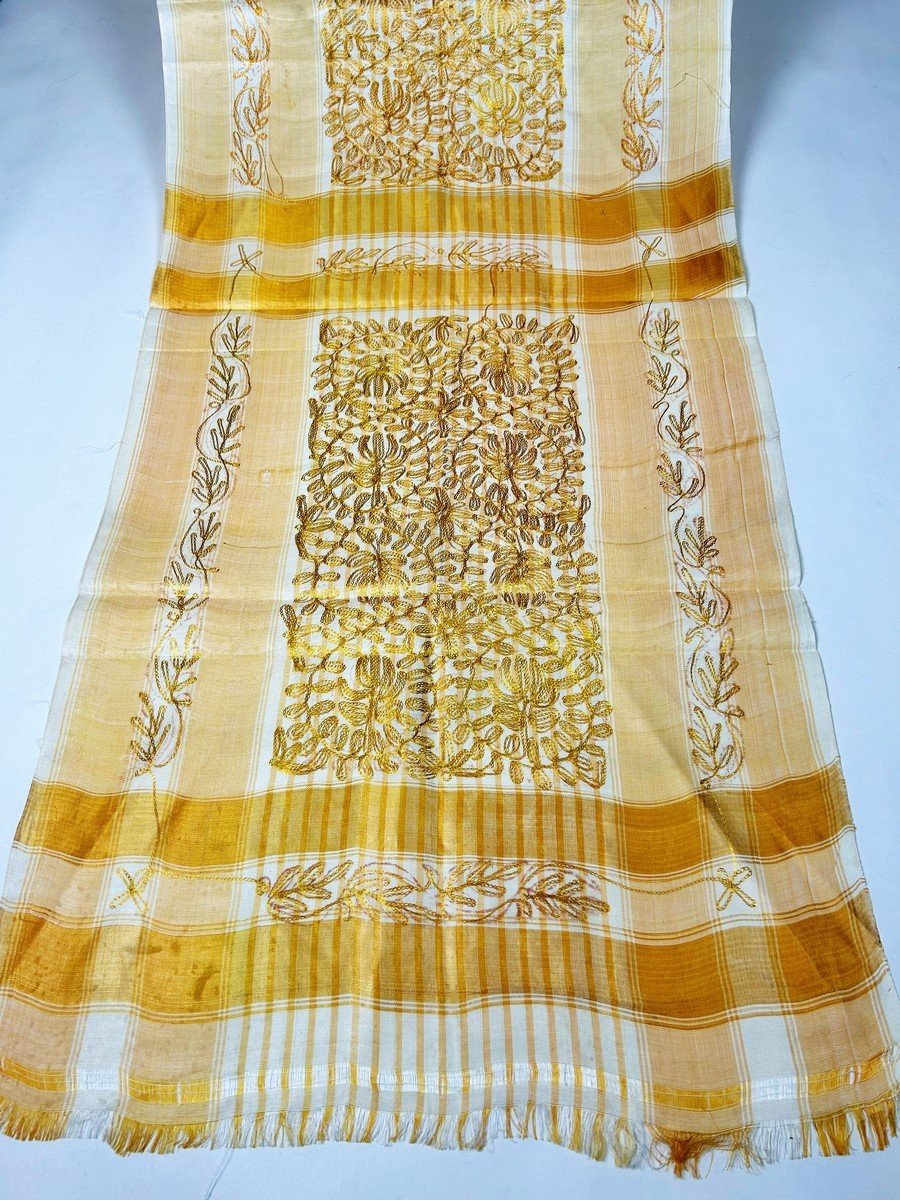 Long Yellow Gold Silk Scarf Embroidered With Cornely - North Africa Circa 1950-photo-2