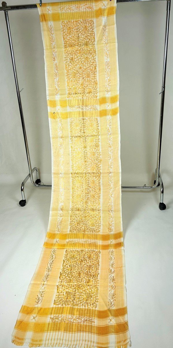 Long Yellow Gold Silk Scarf Embroidered With Cornely - North Africa Circa 1950-photo-3