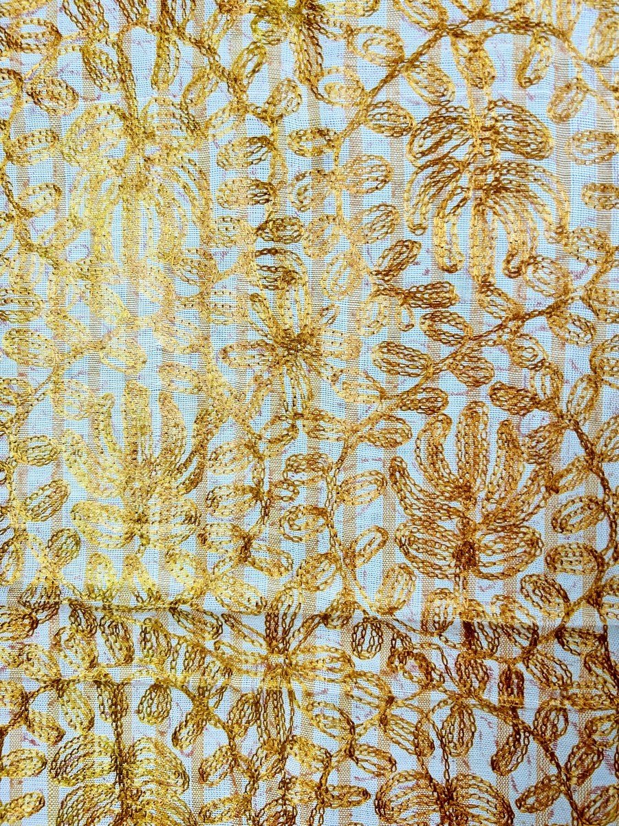 Long Yellow Gold Silk Scarf Embroidered With Cornely - North Africa Circa 1950-photo-2