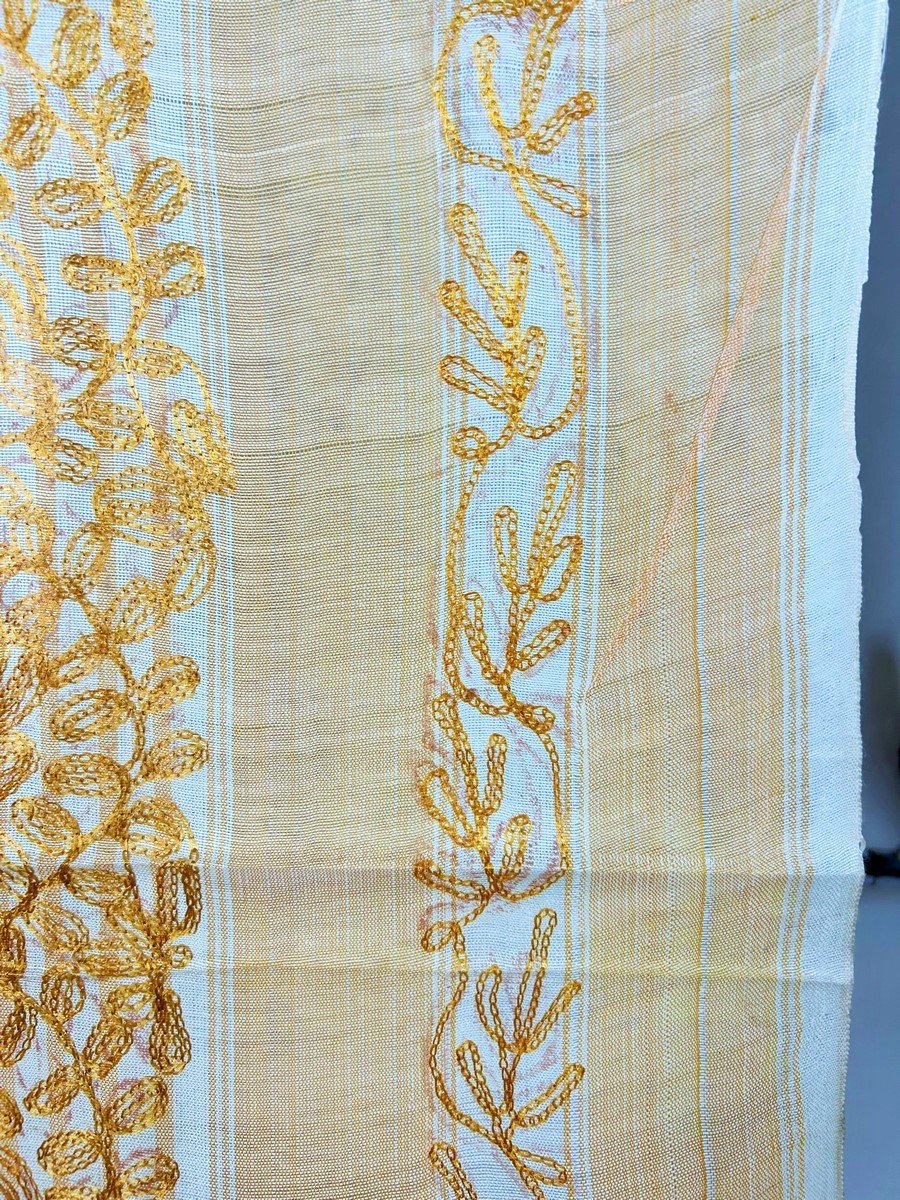 Long Yellow Gold Silk Scarf Embroidered With Cornely - North Africa Circa 1950-photo-3