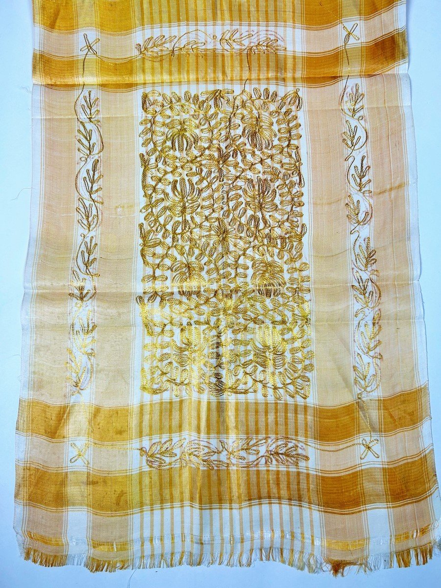 Long Yellow Gold Silk Scarf Embroidered With Cornely - North Africa Circa 1950-photo-4