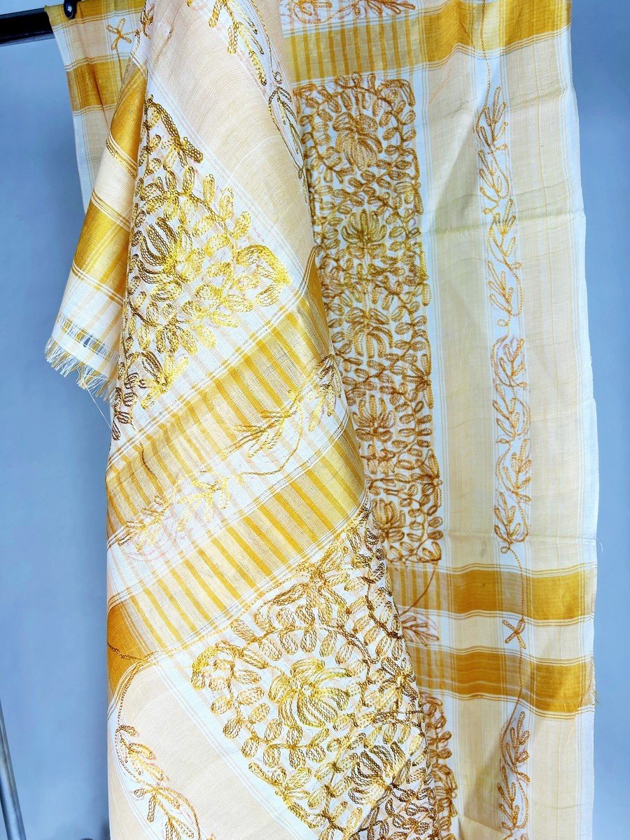 Long Yellow Gold Silk Scarf Embroidered With Cornely - North Africa Circa 1950-photo-5