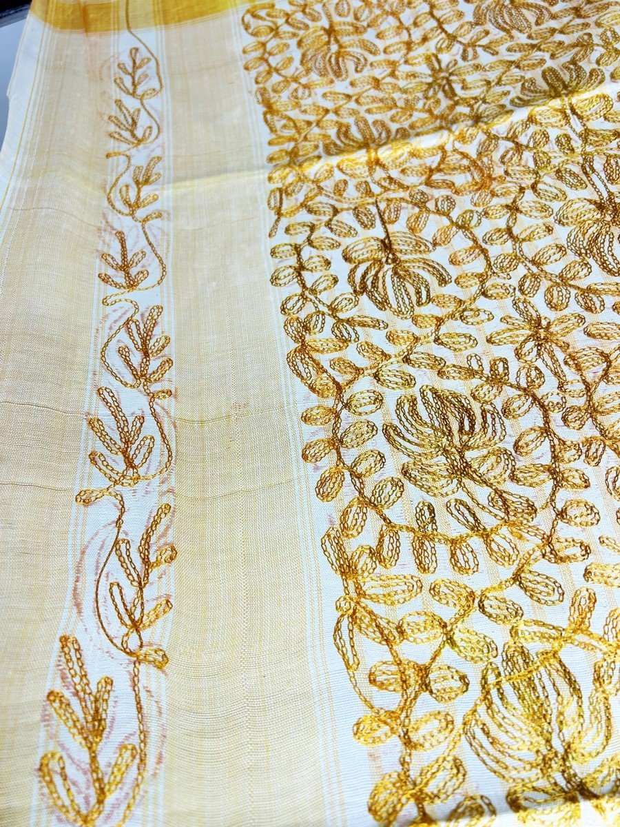 Long Yellow Gold Silk Scarf Embroidered With Cornely - North Africa Circa 1950-photo-7