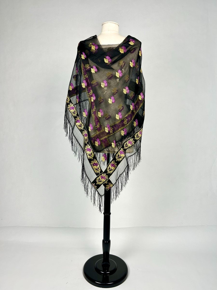 Gold And Mauve Brocaded Grenadine Silk Fichu Shawl - France Circa 1860-photo-4