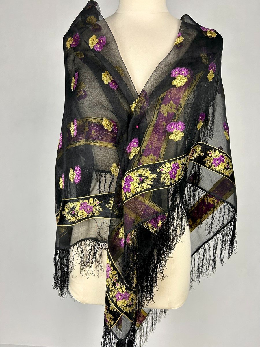 Gold And Mauve Brocaded Grenadine Silk Fichu Shawl - France Circa 1860-photo-3