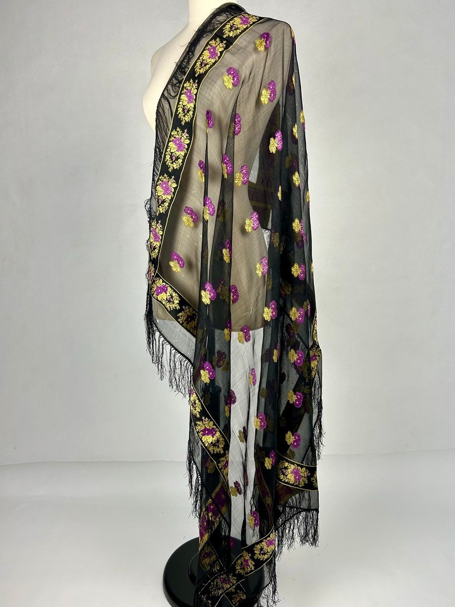 Gold And Mauve Brocaded Grenadine Silk Fichu Shawl - France Circa 1860-photo-4