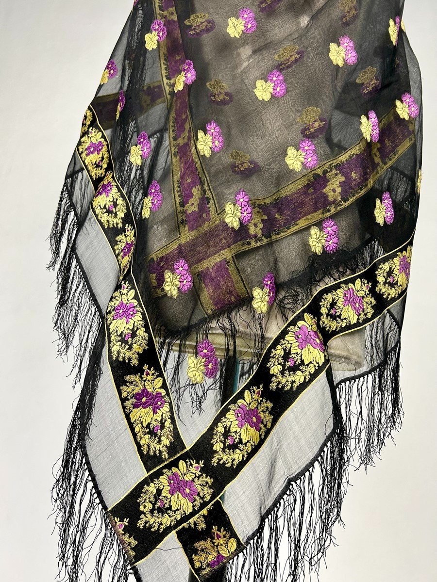 Gold And Mauve Brocaded Grenadine Silk Fichu Shawl - France Circa 1860