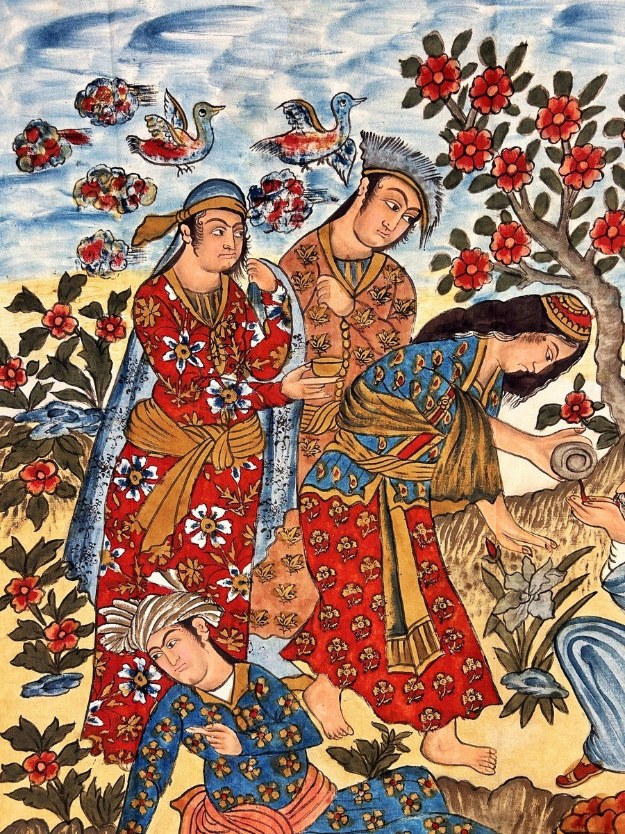 Large Painted Cotton Tapestry In Isfahan - Early Pahlavi Dynasty - Persia Circa 1930-photo-4