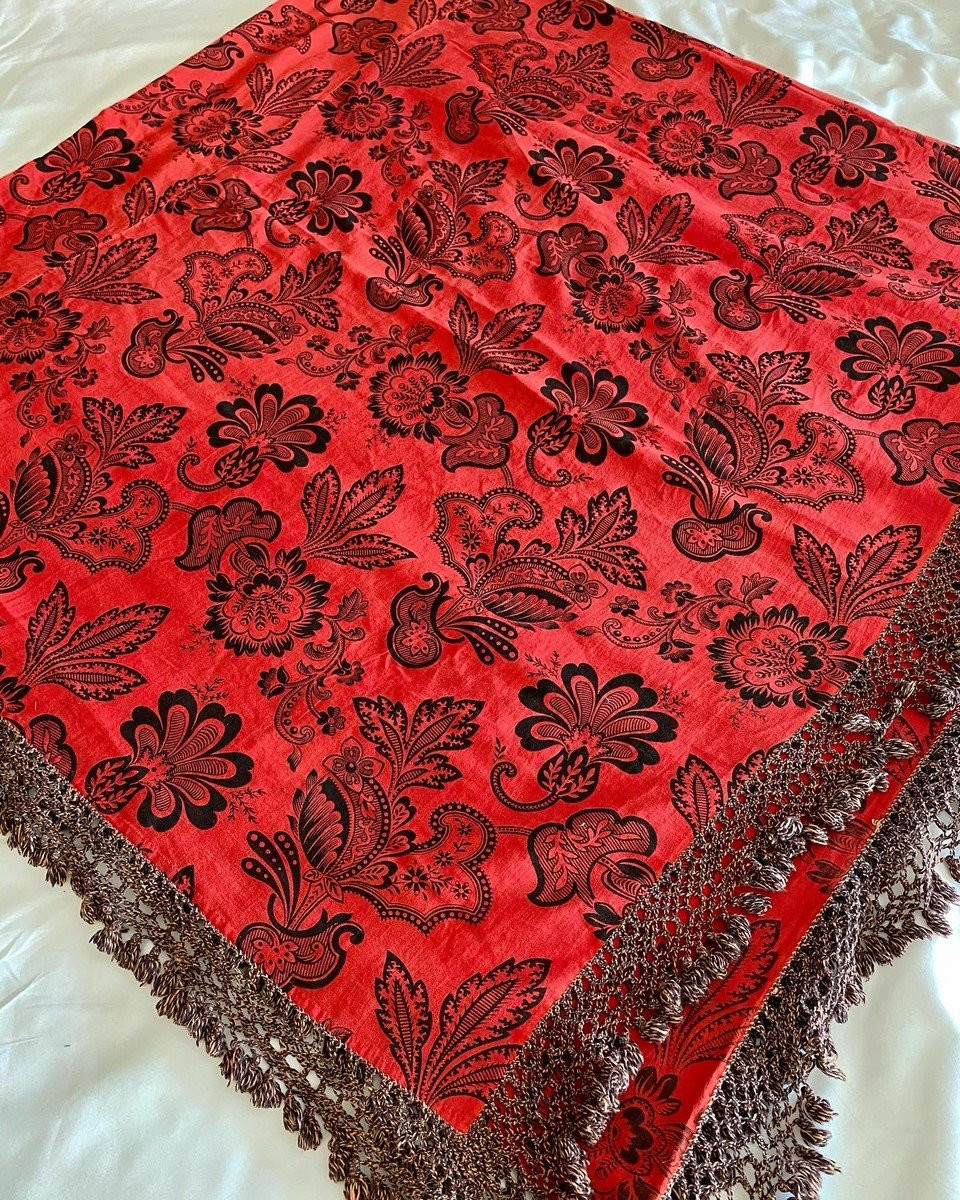 Red Adrianople Printed Cotton Tablecloth Or Plaid With Wool Fringes - Spain Circa 1900-photo-2