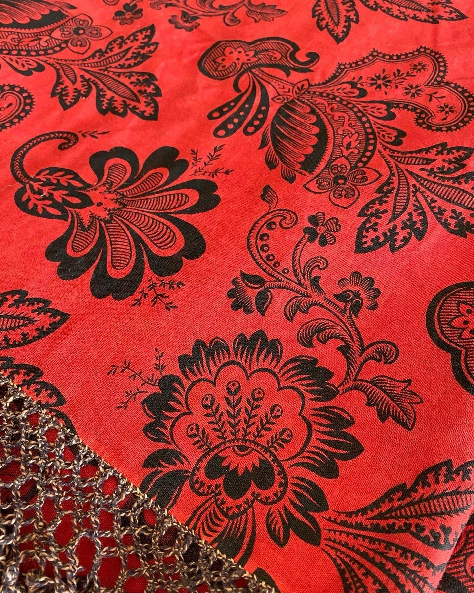 Red Adrianople Printed Cotton Tablecloth Or Plaid With Wool Fringes - Spain Circa 1900-photo-2