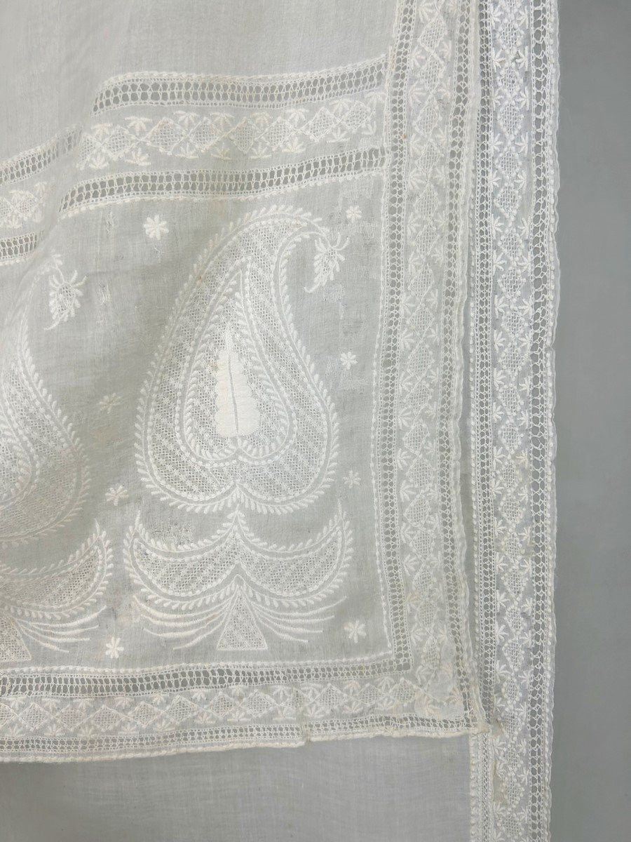 Embroidered Muslin Shawl Stole Called Chikan Work C. 1810 Lucknow India For Fashion In Europe -photo-7
