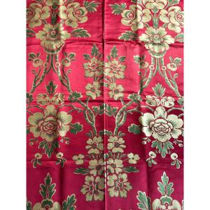 Large Panel In Lampas Cherry Satin Background With Large Decor - Europe Circa 1750