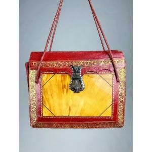 A Precious Reticule In Red Morocco With Tortoise Shell Marquetry - England Dated 1836
