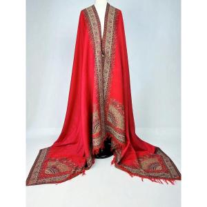 Long French Cashmere Shawl In Coral Red Reserve Circa 1850