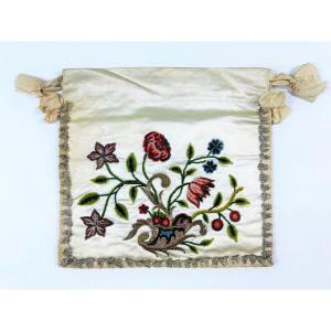 A Silk Satin Purse Embroidered With Chenillettes And Gold Cannetilles Circa 1760