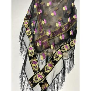 Gold And Mauve Brocaded Grenadine Silk Fichu Shawl - France Circa 1860