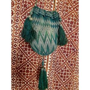 Precious Mesh Reticule Of Green And Silver Silk Threads In Zig-zag - France Late Eighteenth