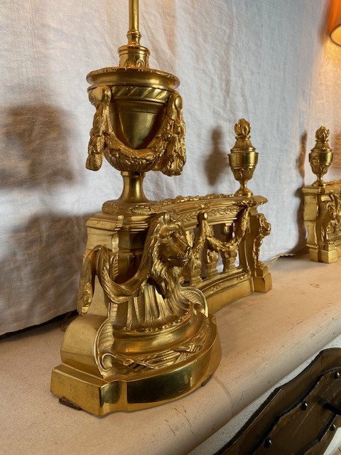 Pair Of Andirons In Gilt Bronze 19th Mounted In Lamp-photo-3