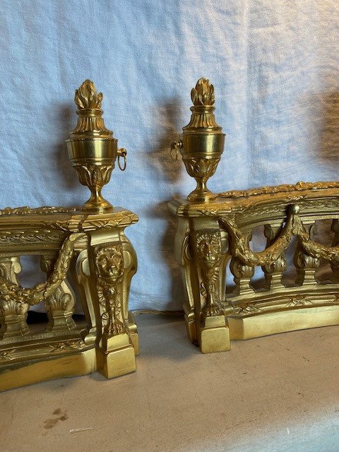 Pair Of Andirons In Gilt Bronze 19th Mounted In Lamp-photo-2