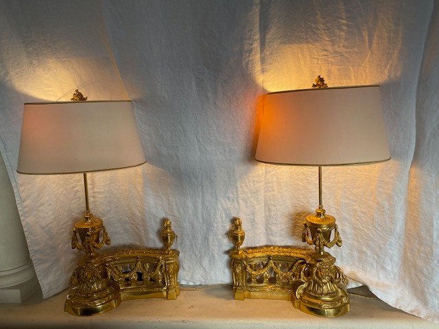 Pair Of Andirons In Gilt Bronze 19th Mounted In Lamp-photo-4