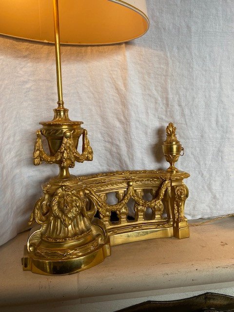 Pair Of Andirons In Gilt Bronze 19th Mounted In Lamp