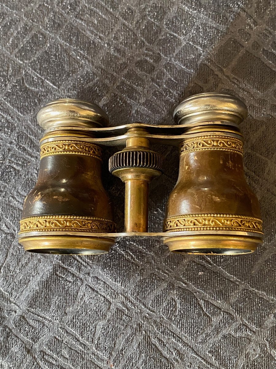 Pair Of Theater Binoculars In Leather And Golden Brass