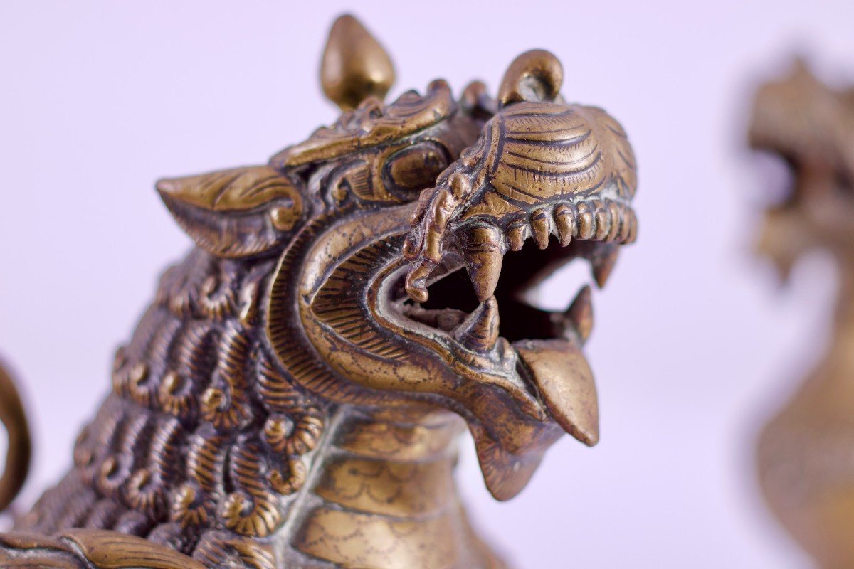 Pair Of Singha Lions Nepalese Temple Guardians In Bronze-photo-4