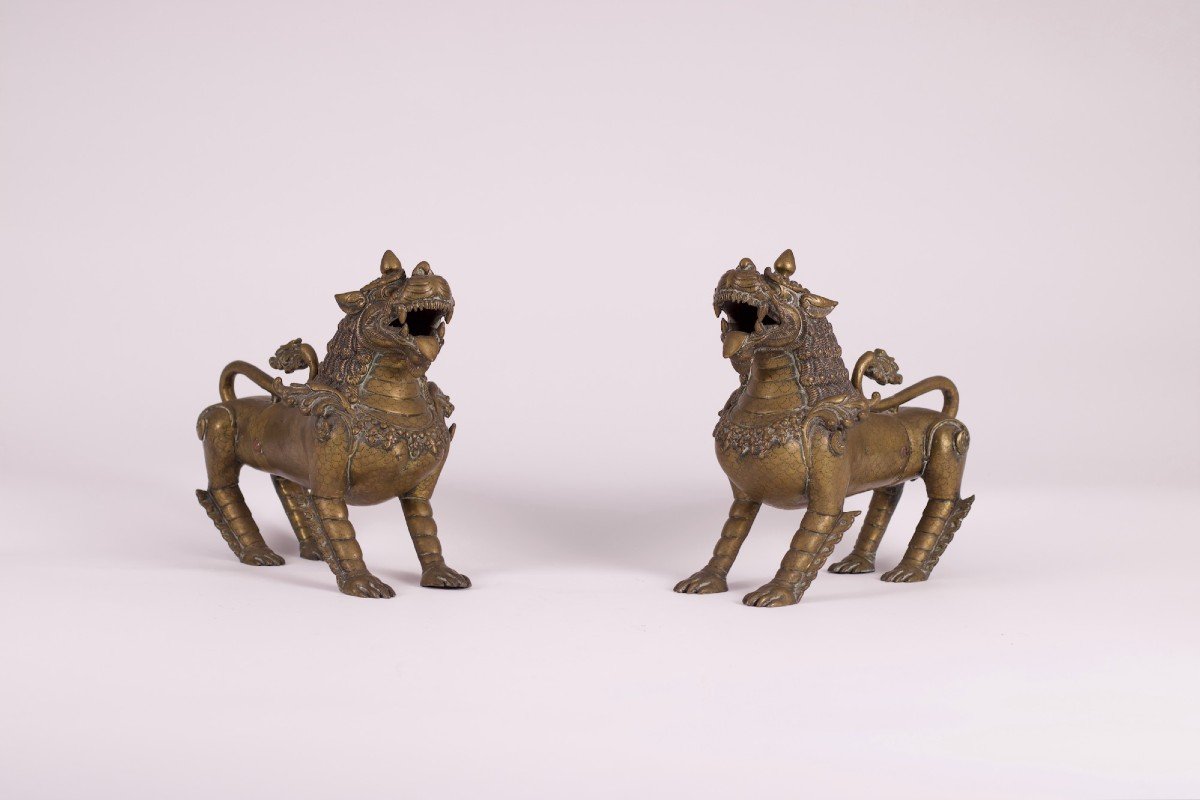 Pair Of Singha Lions Nepalese Temple Guardians In Bronze