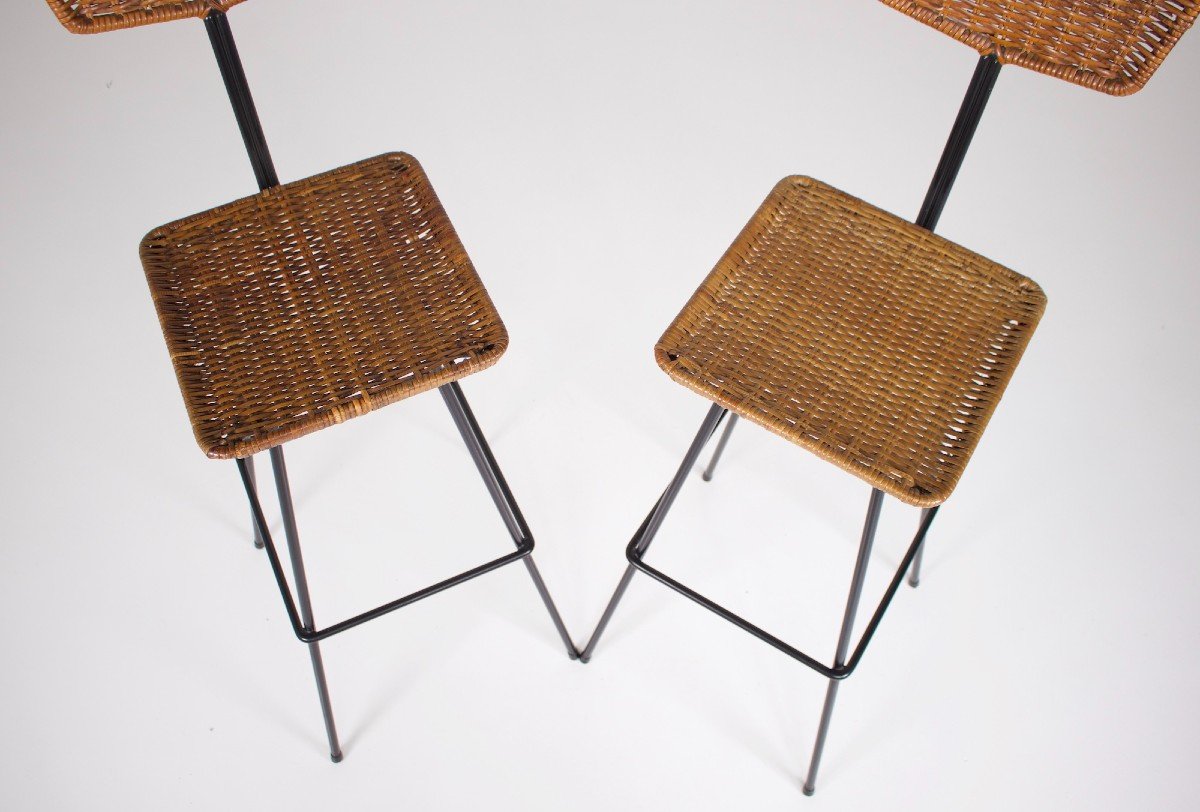 Paire De Tabourets Modernistes En Rotin Erwin Behr-photo-7