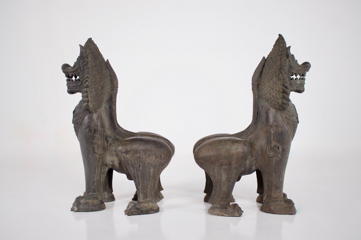 Pair Of Singha Temple Guardians In Bronze (88cm)-photo-4