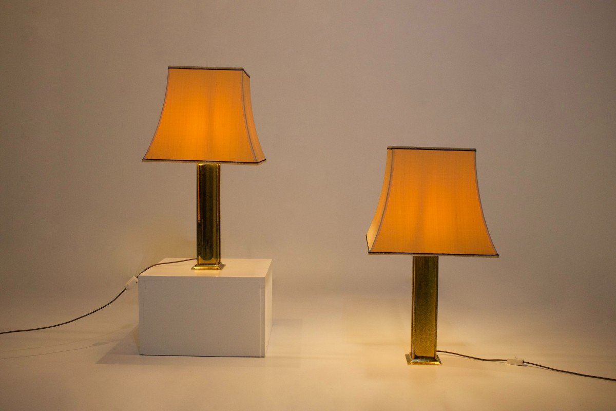 Pair Of Lamps In Brass And Wild Silk.-photo-2