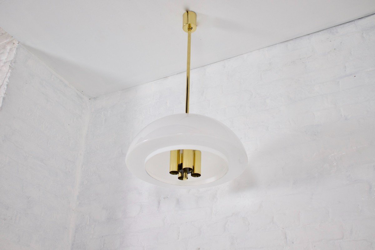 Suspension Chandelier In Brass And Opaline.-photo-2