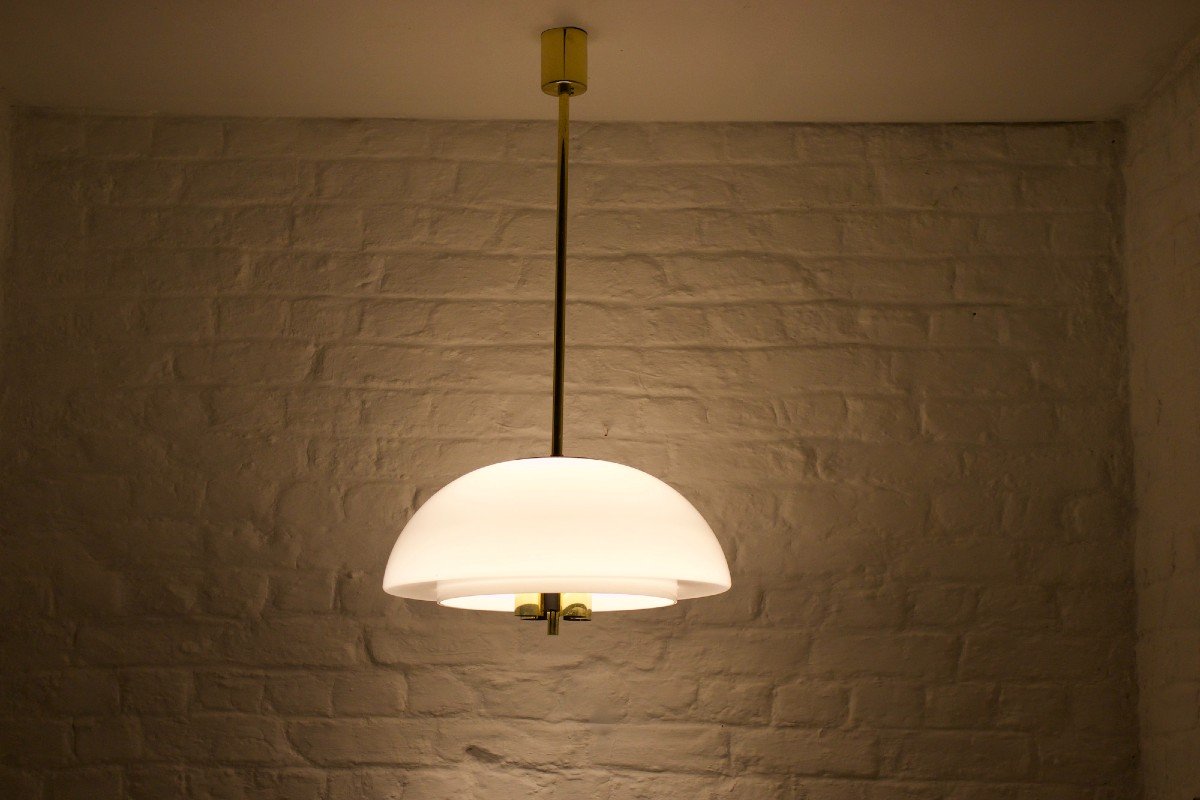 Suspension Chandelier In Brass And Opaline.-photo-3