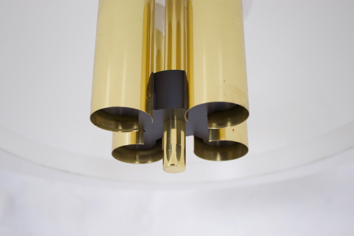 Suspension Chandelier In Brass And Opaline.-photo-5