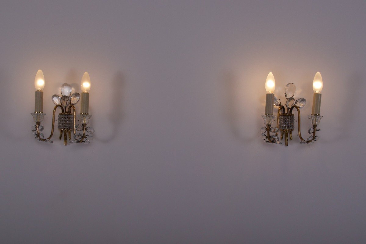 Pair Of Brass Sconces With Cut Glass Maison Baguès Style.-photo-3